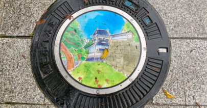 A manhole cover at Aoba Castle